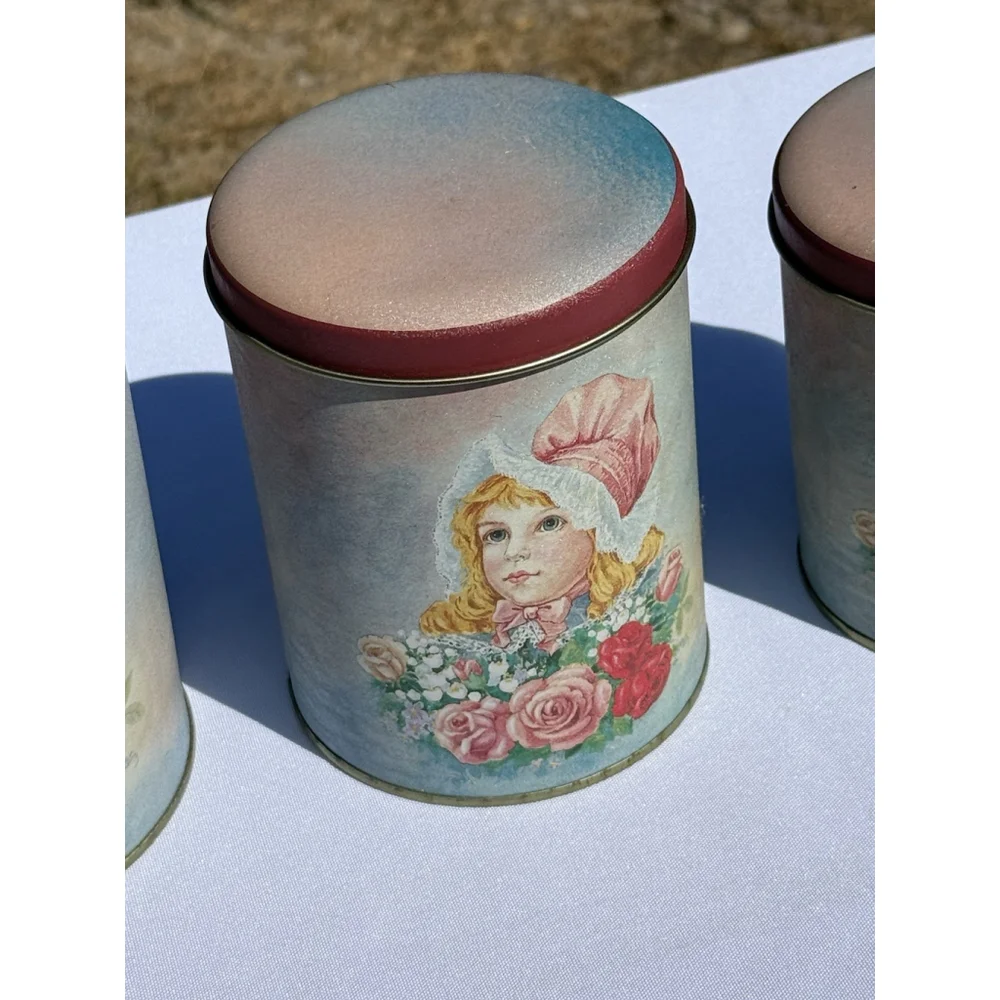 Vintage Metal Round 3 Tin Canister Victorian Women Girl Pink Floral Bonnet